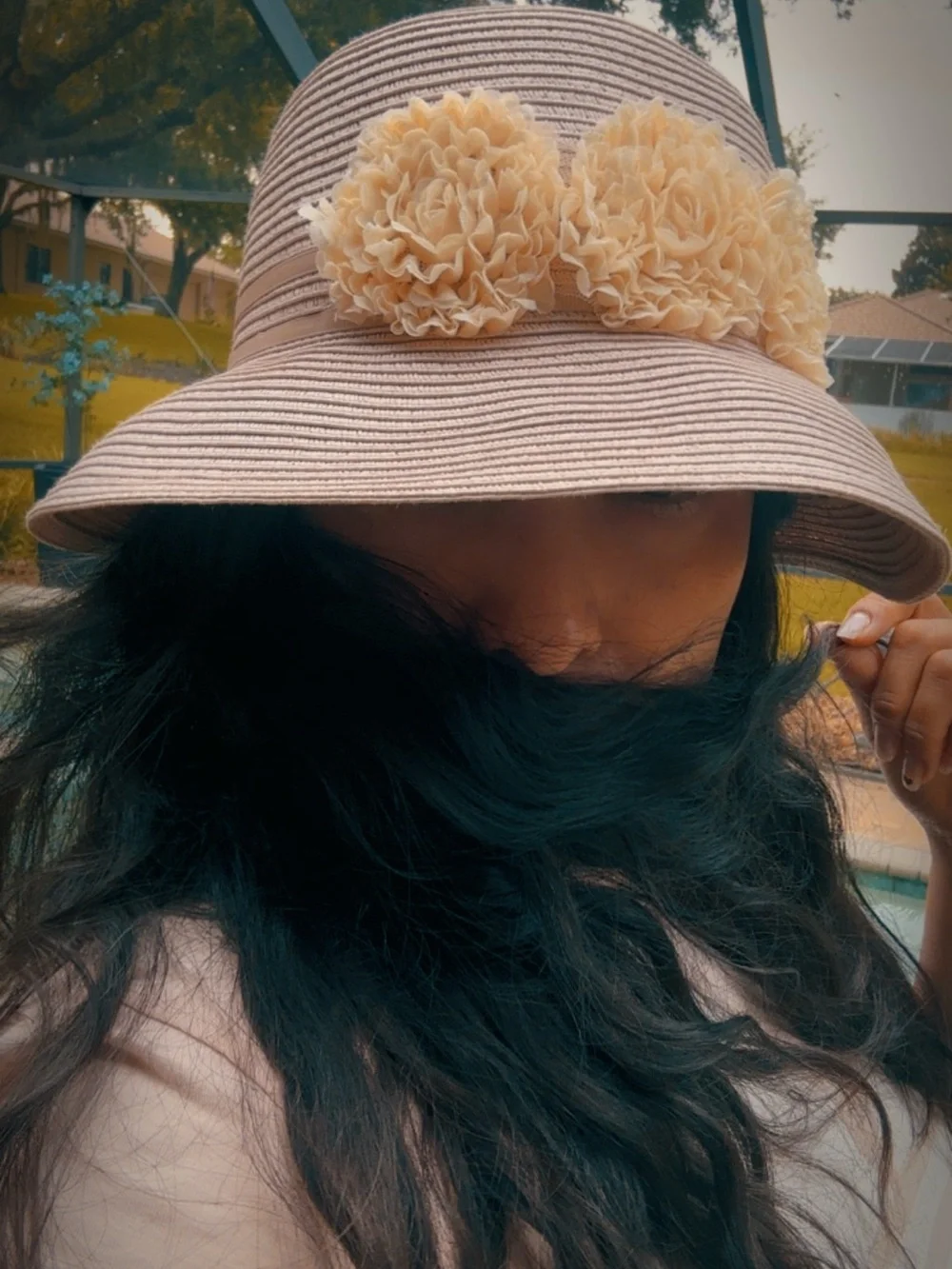 Women's Floral Trim Sun Hat - Cream on Blush Pink